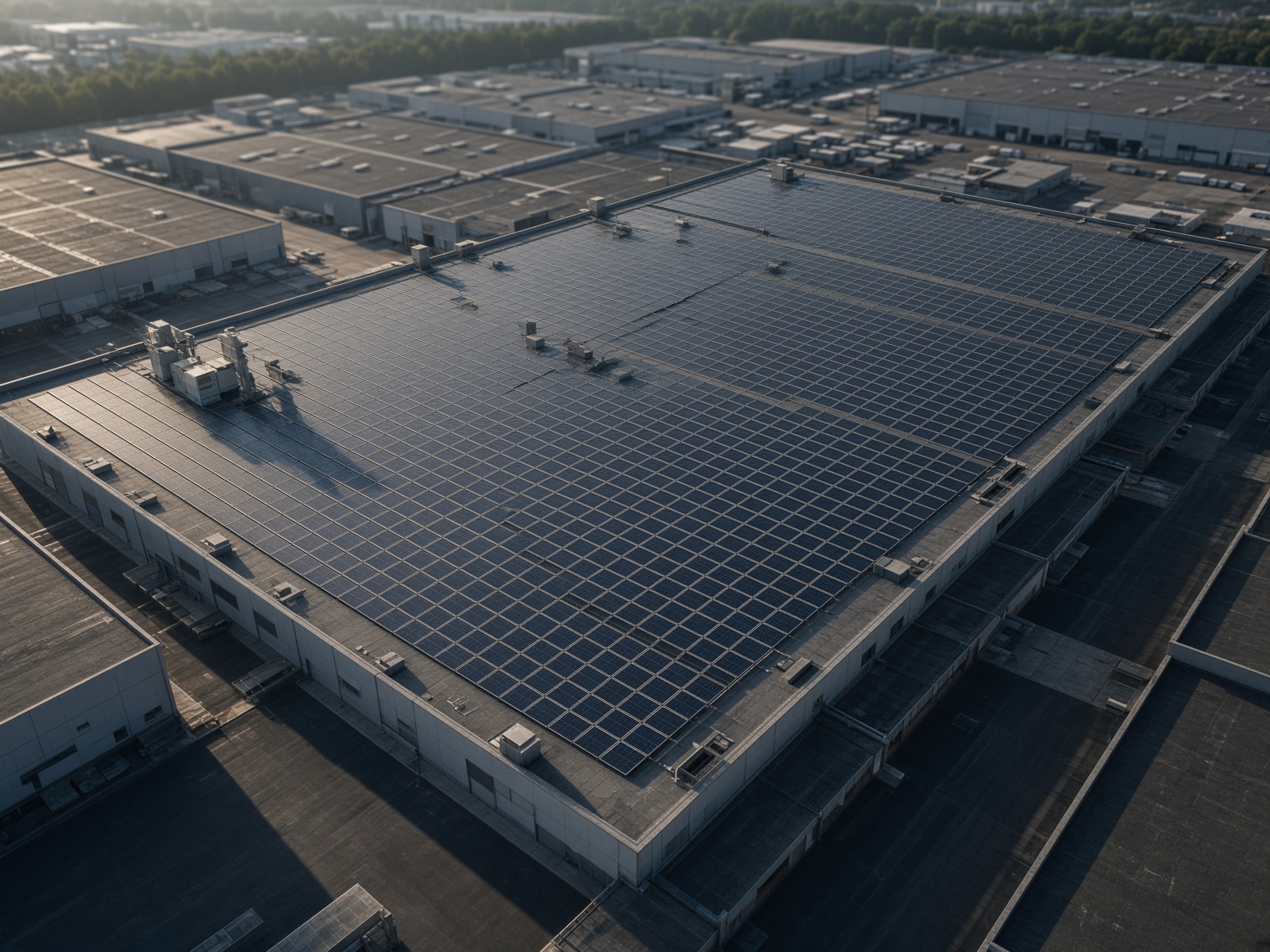 Aerial view of a warehouse roof covered in solar panels