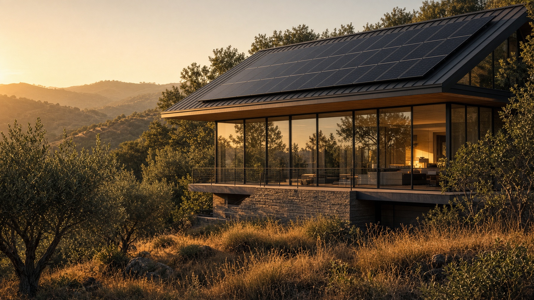 A hillside house with a rooftop solar array at golden hour