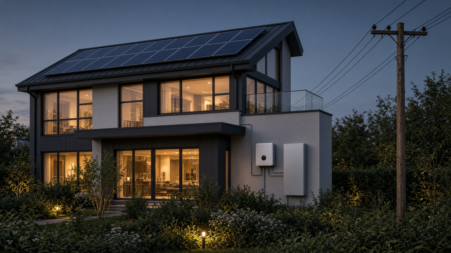 An evening home with blue solar panels, a hybrid inverter, and a battery