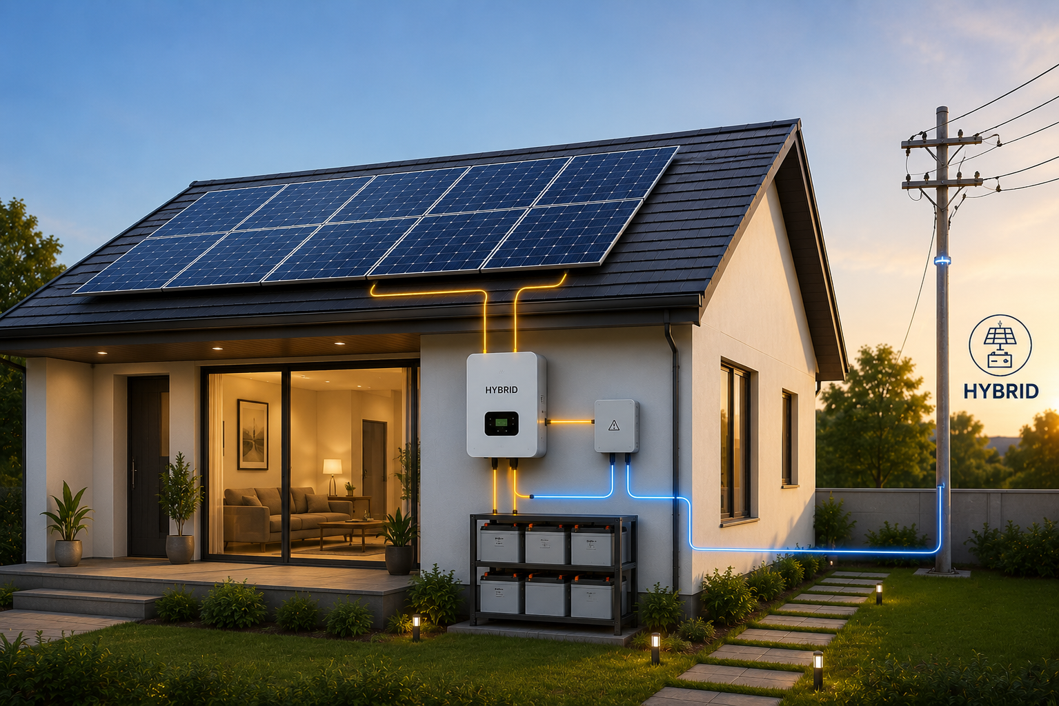 A home with solar panels, an inverter, batteries, and a line to the pole