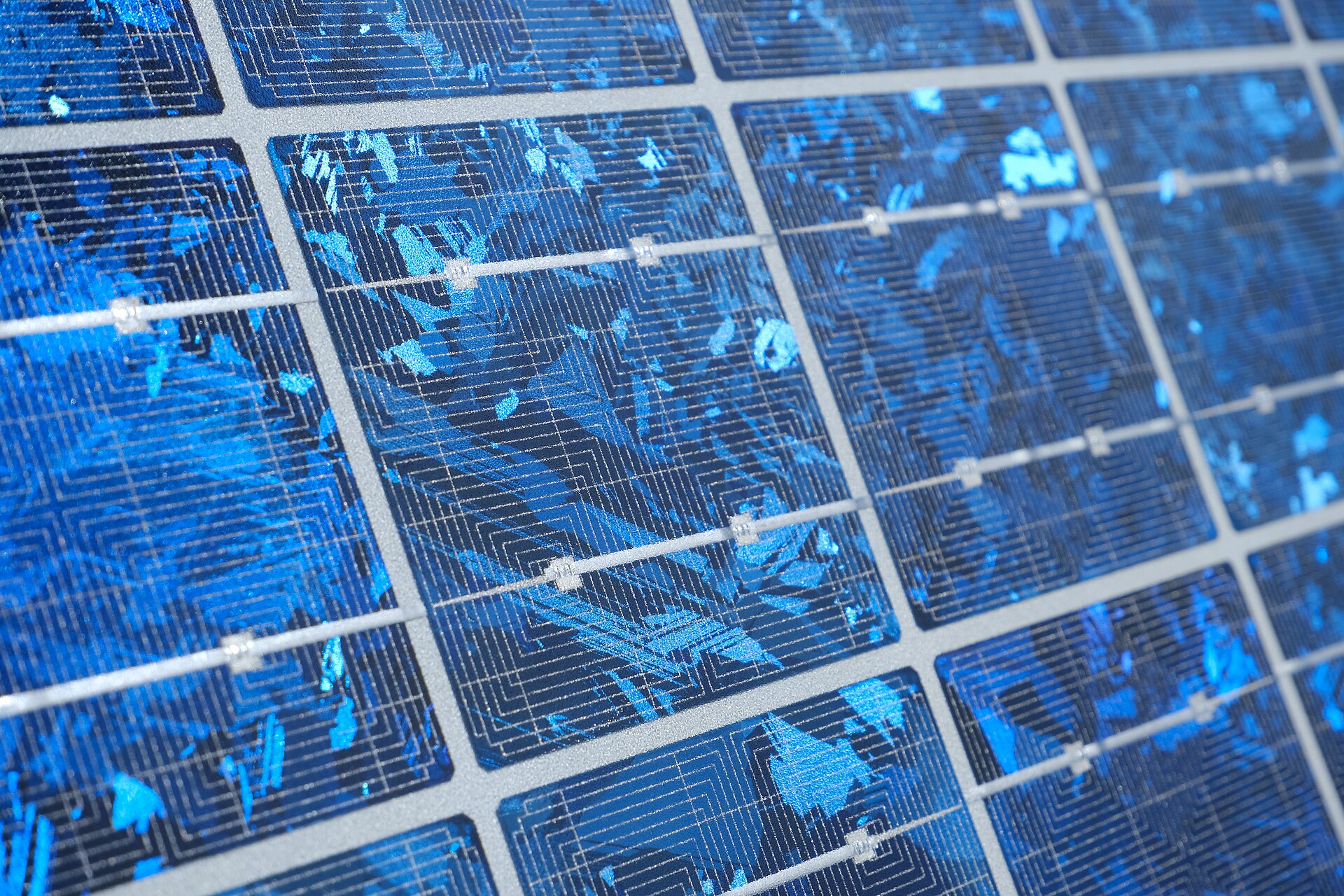 Close-up of blue polycrystalline solar cells
