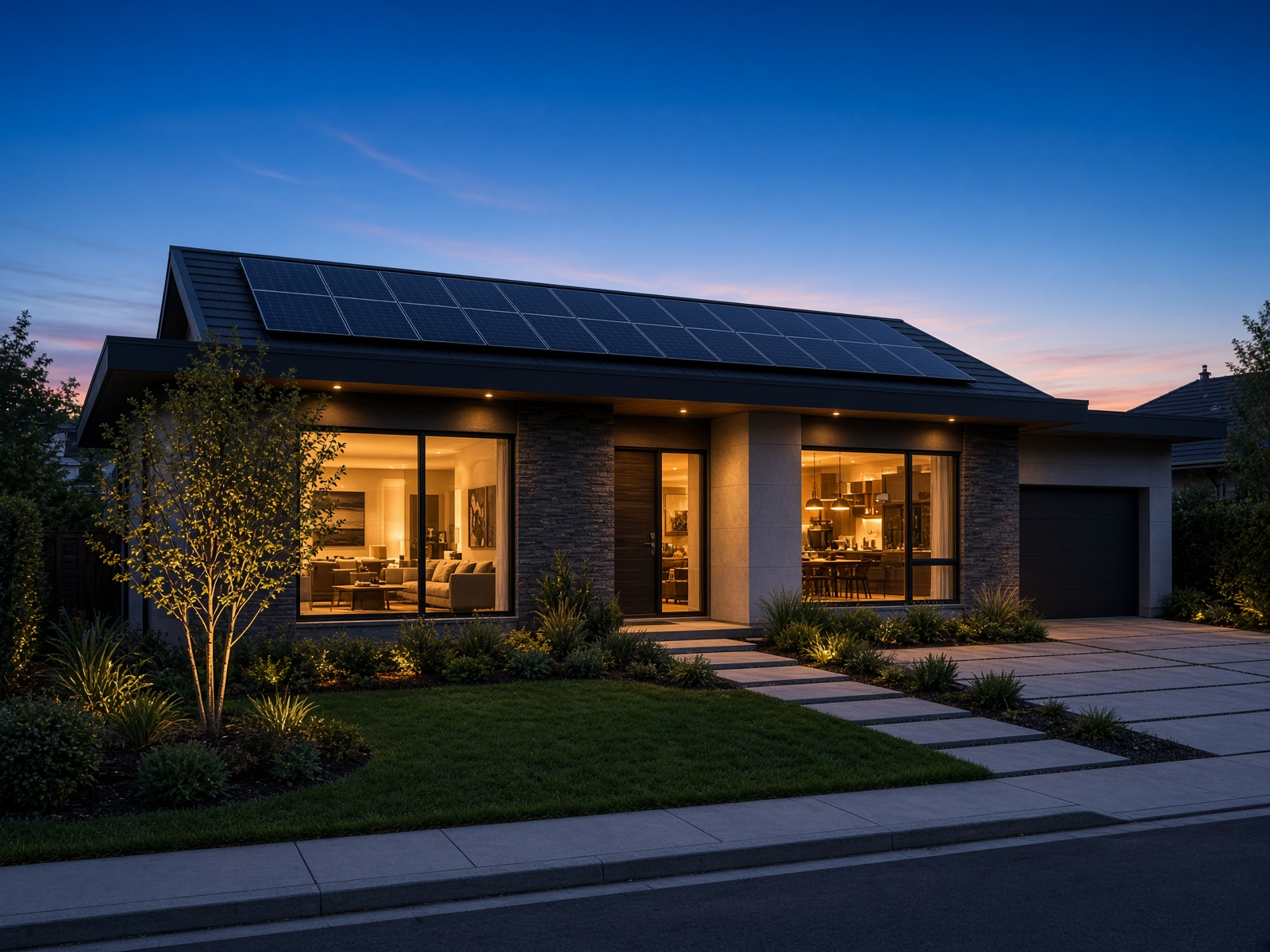 A modern home at dusk with rooftop solar panels